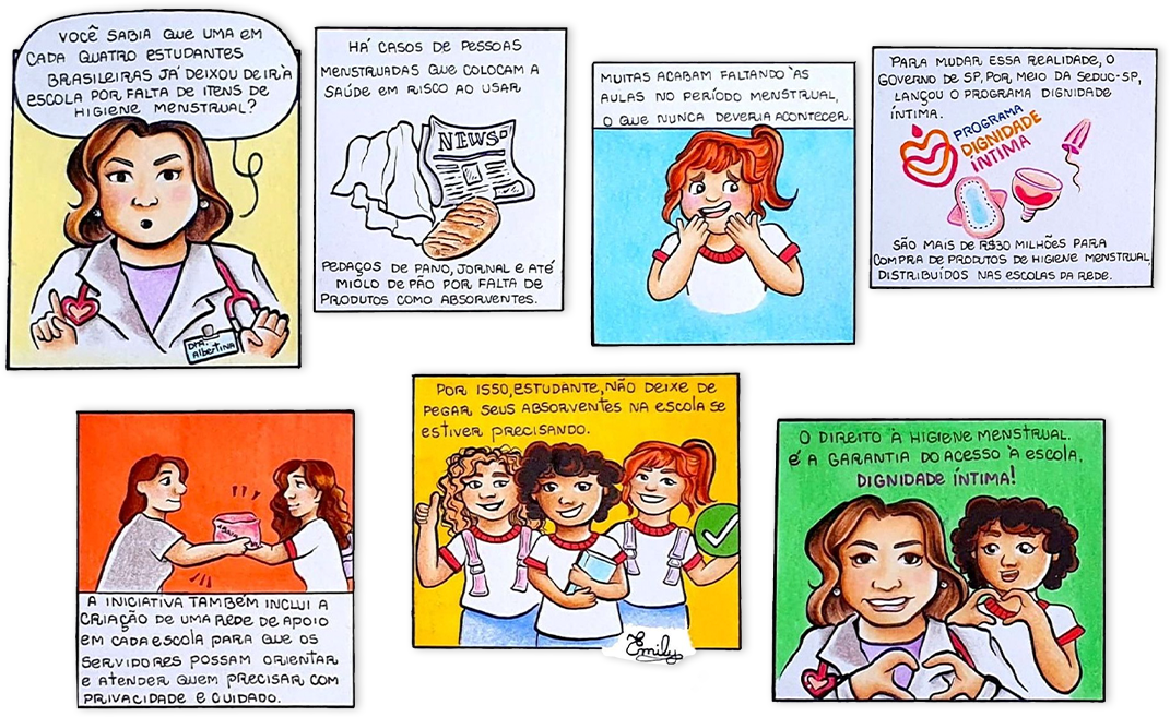 Vários quadrinhos criados por Emily Mayumi para tratar de uma questão que não pode ser ignorada: a pobreza menstrual.